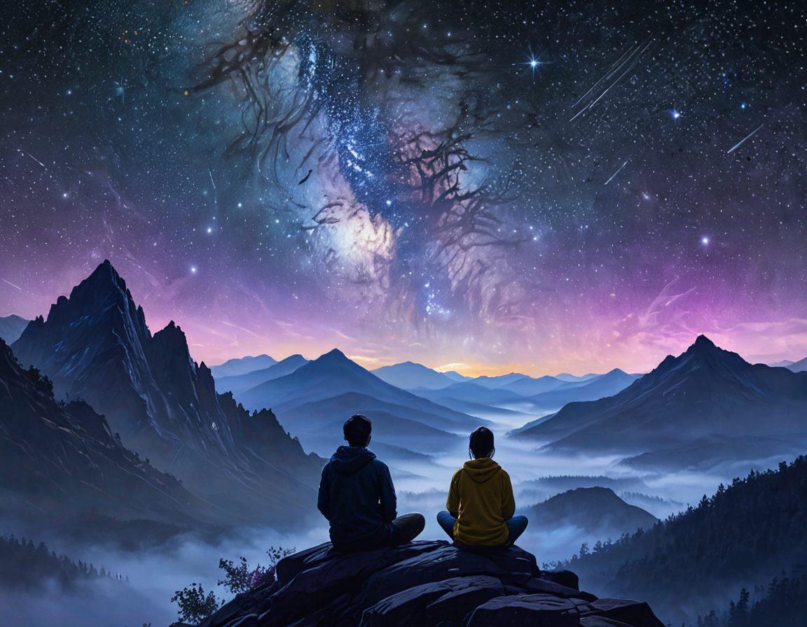 A serene scene depicting a person sitting cross-legged on a mountaintop, gazing introspectively at a vast, starry sky that symbolizes deep thought. Incorporate elements like swirling galaxies that represent philosophical ideas emerging from the mind, and gentle mist enveloping the mountain. The color palette should reflect calmness with deep blues and purples, accentuated by bright whites and yellows of the stars. The overall atmosphere should evoke a sense of tranquility and enlightenment. painting. vibrant colors.