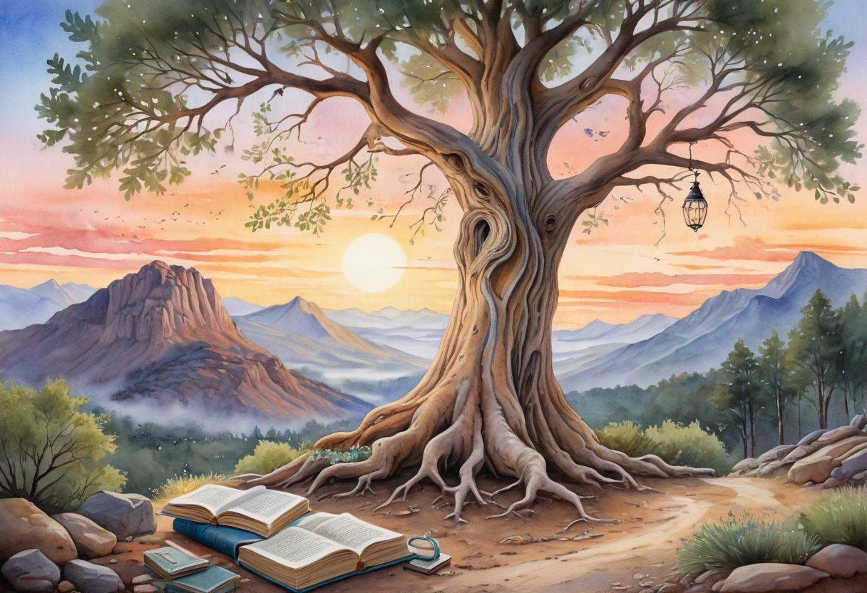 A serene landscape depicting a wise old tree with sprawling roots symbolizing deep understanding, surrounded by philosophical symbols like books, an owl, and an illuminated lightbulb. Include a pathway leading to a distant mountain, representing the journey from belief to wisdom. Use soft, calming colors to evoke a sense of tranquility and reflection. watercolor style. soft pastels.