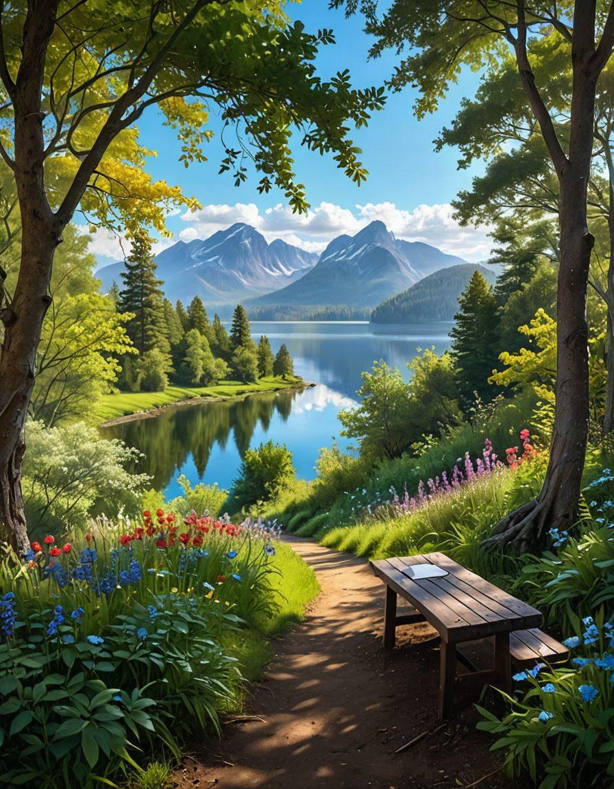 A serene landscape representing introspection, featuring a winding path through a lush forest with soft sunlight filtering through the trees. In the foreground, a contemplative figure sits on a bench, journal in hand, surrounded by vibrant flowers symbolizing thoughts and ideas. The background includes distant mountains and a calm lake reflecting the sky. ethereal lighting. super-realistic. vibrant colors.